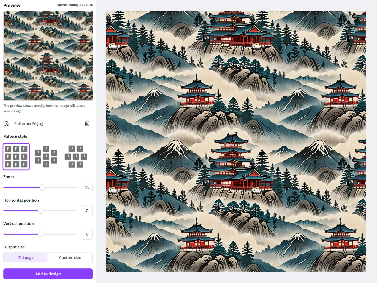 Tile To Pattern inside Canva: the settings panel on the left and a seamless pagoda-and-mountain pattern filling the page on the right.