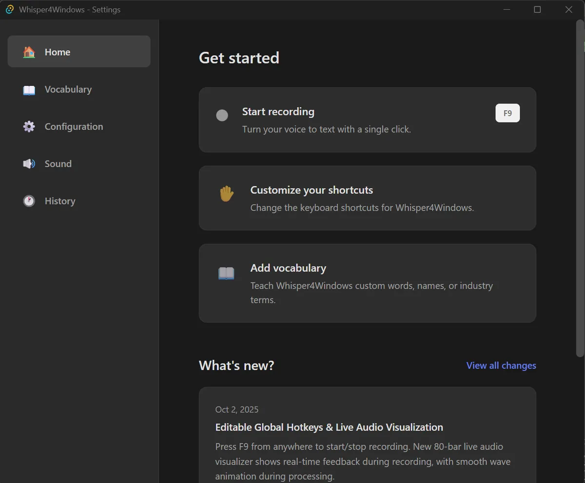Whisper4Windows settings for shortcuts, language, recording and clipboard behavior.